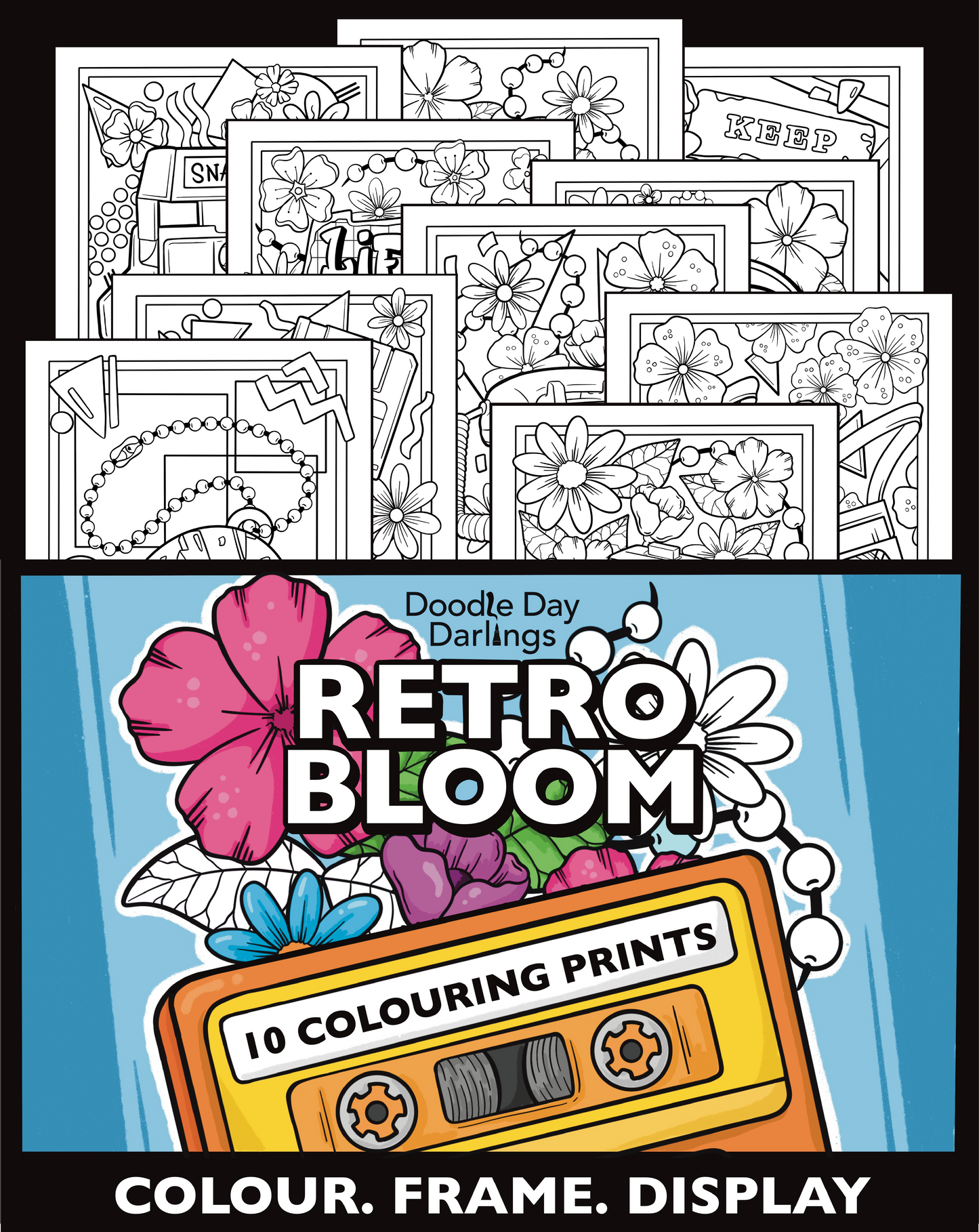 Retro Bloom: 90's Tech & Floral Wall Art Colouring Pages Digital Pack of 10