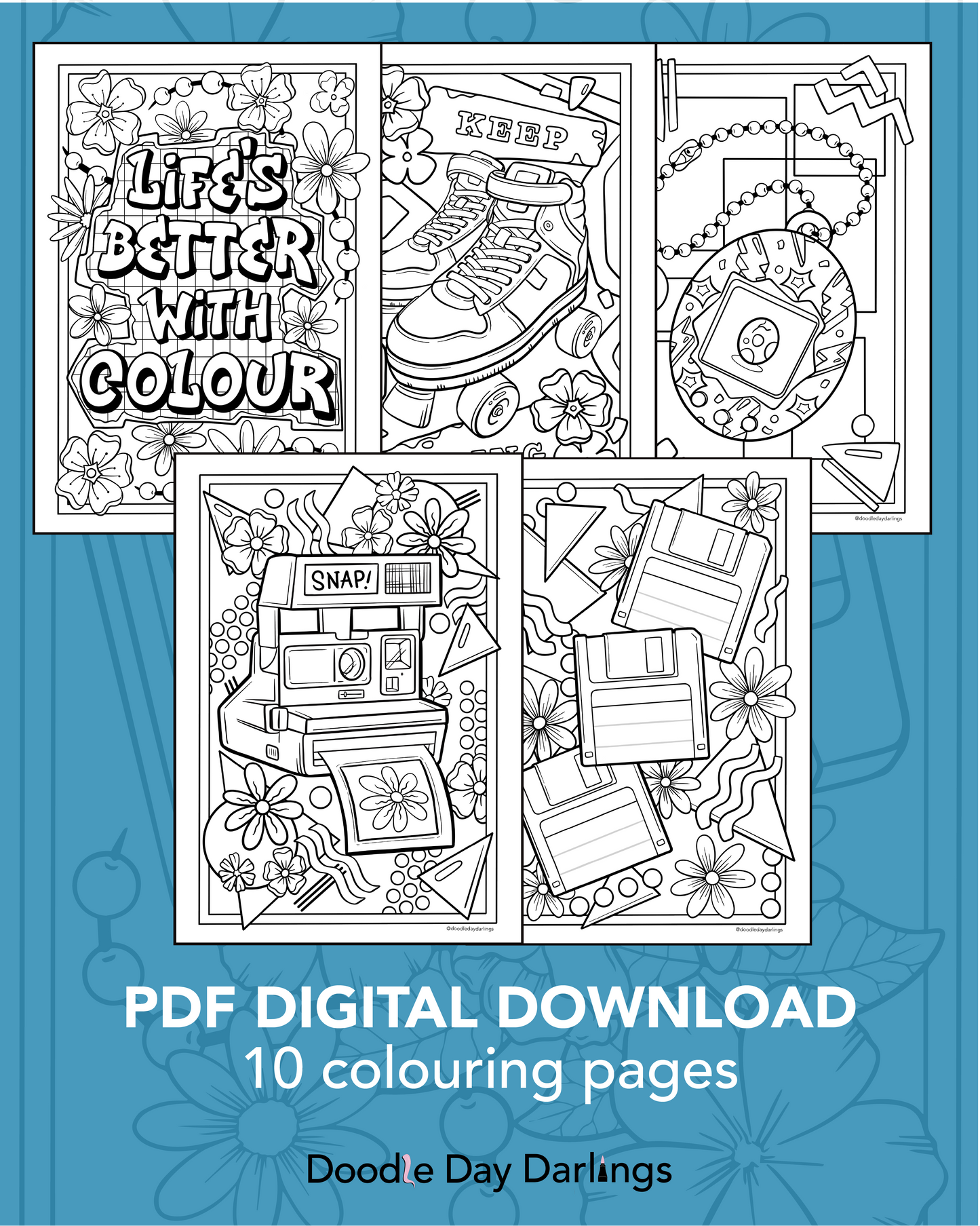 Retro Bloom: 90's Tech & Floral Wall Art Colouring Pages Digital Pack of 10