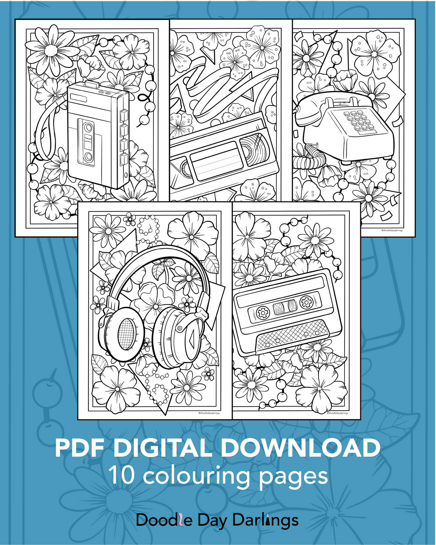 Retro Bloom: 90's Tech & Floral Wall Art Colouring Pages Digital Pack of 10