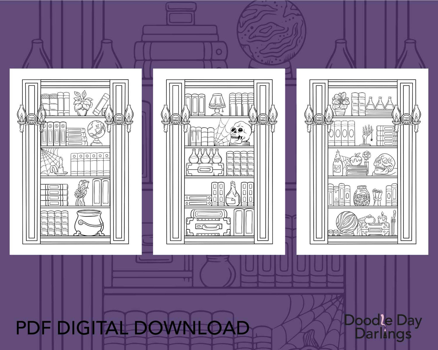 Spooky Bookcase Colouring Pages Digital Download