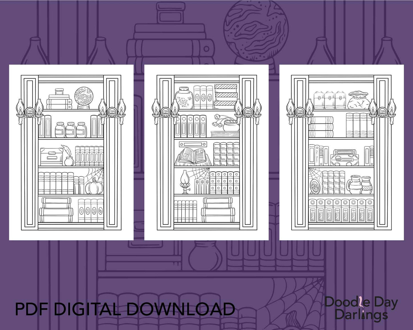 Spooky Bookcase Colouring Pages Digital Download