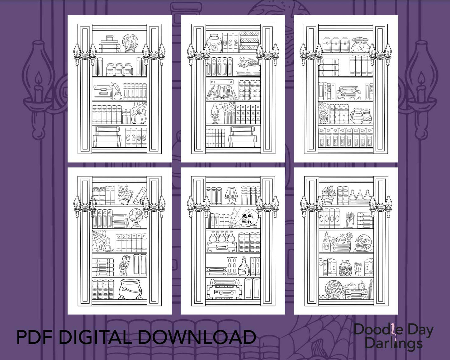 Spooky Bookcase Colouring Pages Digital Download